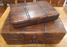 2 Vintage Wooden Travel Suitcase Lidded Treasure Boxes Metal Trim Latch & Handle