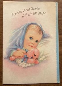 Tarjeta de felicitación de bebé recién nacido vintage años 60 juguete de peluche perro P8a - Imagen 1 de 13