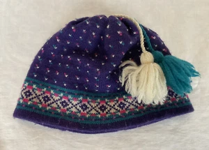 LL Bean Girls Knit Ski Beanie Purple Wool White Pink Turquoise Pattern Tassels - Picture 1 of 7