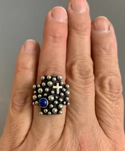 NAVAJO A Akee Douglas Sterling Lapis Million Drops Bubble Cross Ring Adjustable - Picture 1 of 9