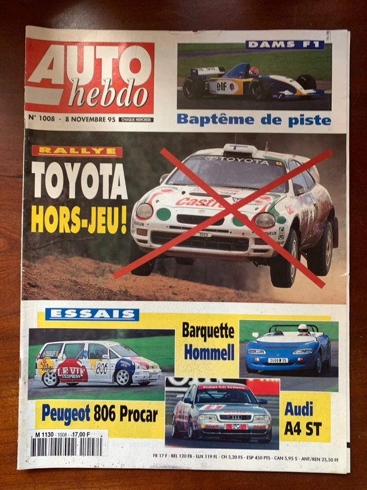 AUTO HEBDO 8/11/1995; Rallye Toyota Hors-Jeu !/ Peugeot 806 Procar/ Audi A4 ST - Photo 1/2