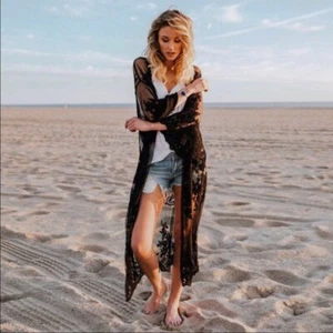 She + Sky Crochet Lace Midi Duster Kimono - Black - Picture 1 of 8