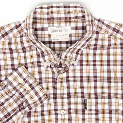 Camisa Beretta Para Hombre L Blanca Marrón Tostado Algodón A Cuadros Cuello Abotonado  Foto 1 de 4