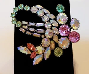 Lrg Vintage Austria Rhinestone Brooch Pin Pink Green Clear AB Rhinestones Signed - Picture 1 of 18