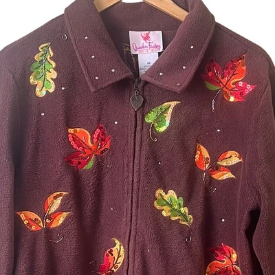 Quaker Factory Rust Fleece Rhinestone Embellished Leaves Fall Zip Jacket Medium - Image 1 of 4