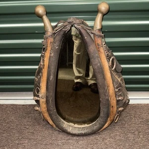 Antique Vintage Leather Horse Collar and Hames Mirror Tack Brass 27" x 21" - Picture 1 of 12