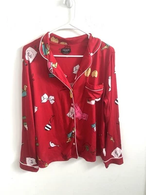 Kate Spade 睡衣假日圣诞衬衫上衣,尺寸纽扣中号女式红色 — 第 1/4 张图片