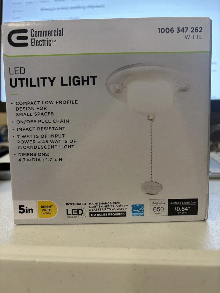COMMERCIAL ELECTRIC LED Closet Utility Light with Pull Chain - Flush Mount, 650 Lumens, 7-Watt