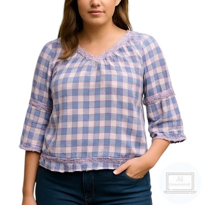 Chicos Womens Crochet Detail Gingham Linen Popover Top Purple SIze 2 | L - Image 1 of 4