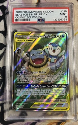 Pokemon Blastoise & Piplup GX Cosmic Eclipse Tag Team Full Alt Art #215 PSA 9 - Image 1 of 2