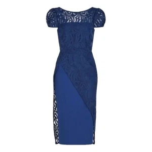 $328 Kay Unger abito midi donna blu manica a sbuffo tubino Zelda pizzo taglia 6 - Foto 1 di 10