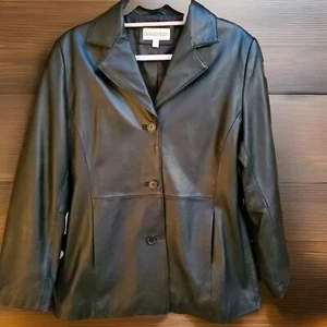 Women's Large Black Leather Charles Klein Jacket, 3 Button. EUC - Picture 1 of 12