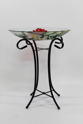 Стеклянная ванна для птиц с ручной росписью с цветочным дизайном и металлической подставкой — для сада на открытом воздухе - Изображение 1 из 4