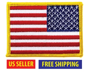 AMERICAN FLAG PATCH Reverse embroidered iron-on GOLD BORDER USA US 3.5" x 2.5" - Picture 1 of 3