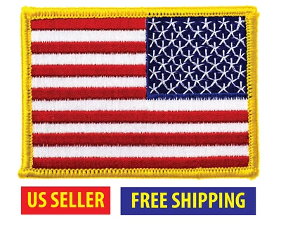 AMERICAN FLAG PATCH Reverse embroidered iron-on GOLD BORDER USA US 3.5" x 2.5" - Image 1 of 3