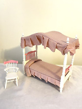 Vintage Dollhouse Miniature Pink & White Dollhouse Canopy Bed And Chair