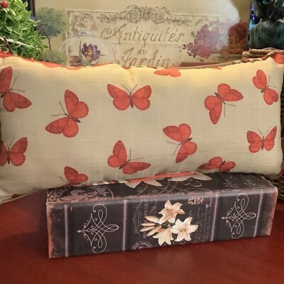 Beautiful Orange Buterfly Pillow~19 x 8~Reversable/Orange & Brown Stripes~Welted - Image 1 of 4