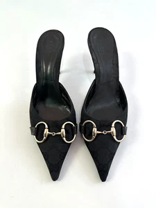 Gucci Black GG Canvas Horsebit Pointed Toe Mules Size 35 EU - Picture 1 of 6