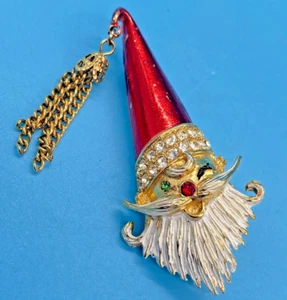 MYLU Signed Santa Xmas Head Brooch Enamel & Clear Faceted Crystals Hat w/Tassels - Picture 1 of 8