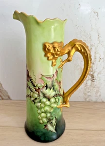 Antique French Jean Pouyat Limoges JPL Grapes Pitcher Vase w/ Gilt Dragon Handle - Picture 1 of 6