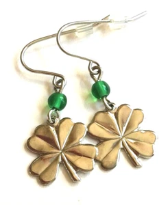 Irish Shamrock Earrings Silver Plated St. Patricks Day Celtic Clover Green Bead - Picture 1 of 12