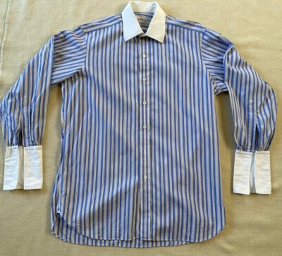 Camisa de Vestir Turnbull Asser Azul Amarillo Rayas Cuello Blanco Talla 16 Hecha en Inglaterra Foto 1 de 4