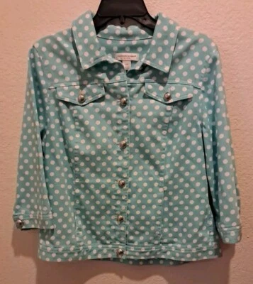 Christopher & Banks Turquoise Sz P/M Polka Dot Silver Button Jacket 3/4 Sleeve - Image 1 of 4