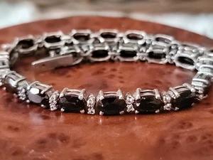 Bracciale Tennis TH ISC Pietra Gemma Nera e Trasparente Argento Sterling 925 7"L - Foto 1 di 11
