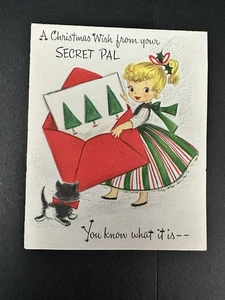 UNBENUTZTE 1950er Hallmark Secret Pal Weihnachtskarte mit Mädchen & Kätzchen 10X883-3 NEUWERTIG - Bild 1 von 10