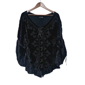 Schwarze Samt Renaissance Bluse Schnürung Romantisch Viktorianisch Goth Whimsigoth - Bild 1 von 6