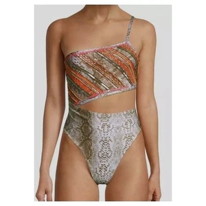 Ramy Brook XXS Badeanzug Cassia Einteiler Schwimmen Perlen One Shoulder Snake NEU $ 248 - Bild 1 von 11