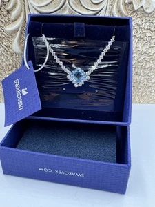 NIB Swarovski (Swan Tag) Silver Rhodium Plated Aquamarine/Blue 18" Necklace - Picture 1 of 6