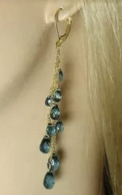 London Blue Topaz Gold Earrings 14k Yellow Gold Leverback Briolette Drop Chains - Image 1 of 2