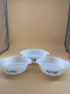 Anchor Hocking Fire King Blue Flower Milk Glass Casserole Baking Dishes Set 3 C - Picture 1 of 10