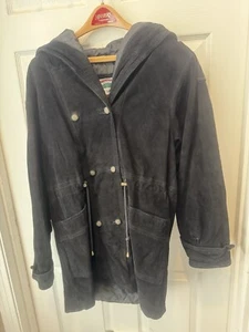 Vintage Kapuze Wildleder Leder schwarz gesteppt Reißverschluss Erbsenmantel Damen 80er 90er Medium - Bild 1 von 5