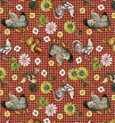 21" Long, Barnyard Chickens, Floral On Red $3.99 Ships ANY Amount Of Fabric! - Image 1 of 3