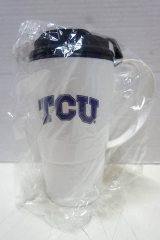 TCU Horned Frogs Plastic Travel Mug with Lid Hot or Cold White 7" Cover