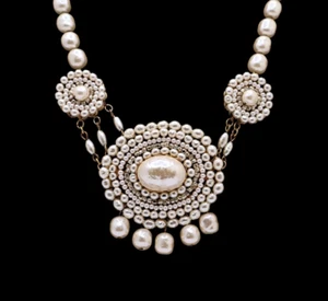 Miriam Haskell Gold Plated Vintage Faux Pearl Beaded Chain Necklace - Picture 1 of 6