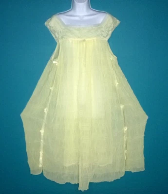 Vtg 60s Yellow 2 Layer Puckered Chiffon & Nylon Short Nightgown Lace Trim Sz L - Image 1 of 4