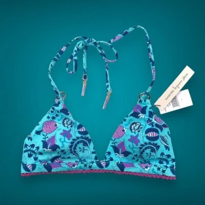 NUEVO Top de Bikini Nanette Lepore Natación TALLA 4 Aqua Paisley con Borde de Crochet Rosa Nuevo con Etiquetas Foto 1 de 4