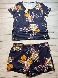Ekouaer Women's Blue Floral Round Neck Short Sleeve Soft Pajamas Set Size. Large - Picture 1 of 3