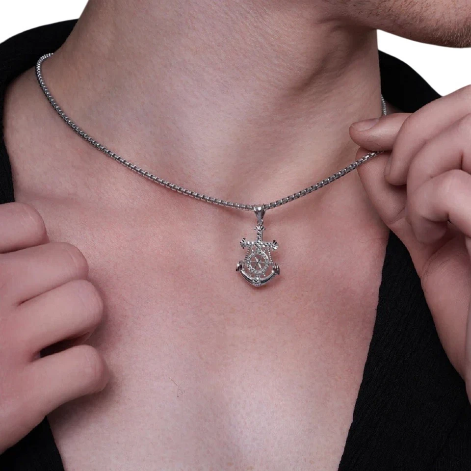 Sterling Argento Diamante Taglio Finitura Marinaio Ancora Greco Chiave Ciondolo - Immagine 1 di 1