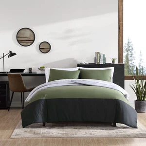 Eddie Bauer Microfiber Comforter & Sham Sets (Skyline Stripe-Olive Green/Grey) - Picture 1 of 9