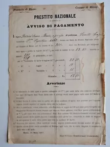 1867 PROVINCIA MILANO/COMUNE DI MILANO PRESTITO NAZIONALE - AVVISO DI PAGAMENTO - Imagen 1 de 1