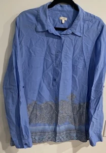 Talbots Blue Floral Paisley Long Roll Sleeve Top Blouse Abstract Shirt Large L - Picture 1 of 6