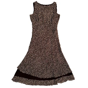 Cynthia Howie Brown & Polka Dot Print 100% Silk Flared Sleeveless Midi Dress 14 - Picture 1 of 11