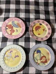 Anthropologie Menge 4 Beilagen Salatteller Rosa Grün Goldrand Floral Frühling 8,5" - Bild 1 von 8