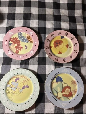 Anthropologie Lote de 4 Platos de Ensalada Laterales Borde Oro Rosa Verde Floral Primavera 8.5" Foto 1 de 4