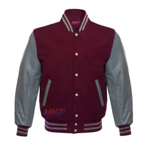 Baseball Varsity Letterman Bomber weinrot Wolle & echte graue Lederärmel - Bild 1 von 2