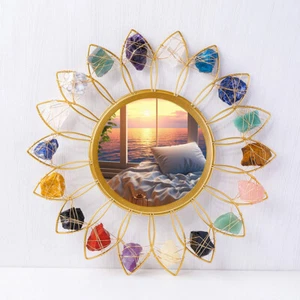 Sunflower Round Mirror Natural Raw Stone Reiki Chakra Crystal Wall Hanging Decor - Picture 1 of 11